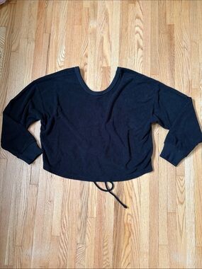 aerie Black Cropped Scoop-Neck Drawstring Terry cloth Sweatshirt